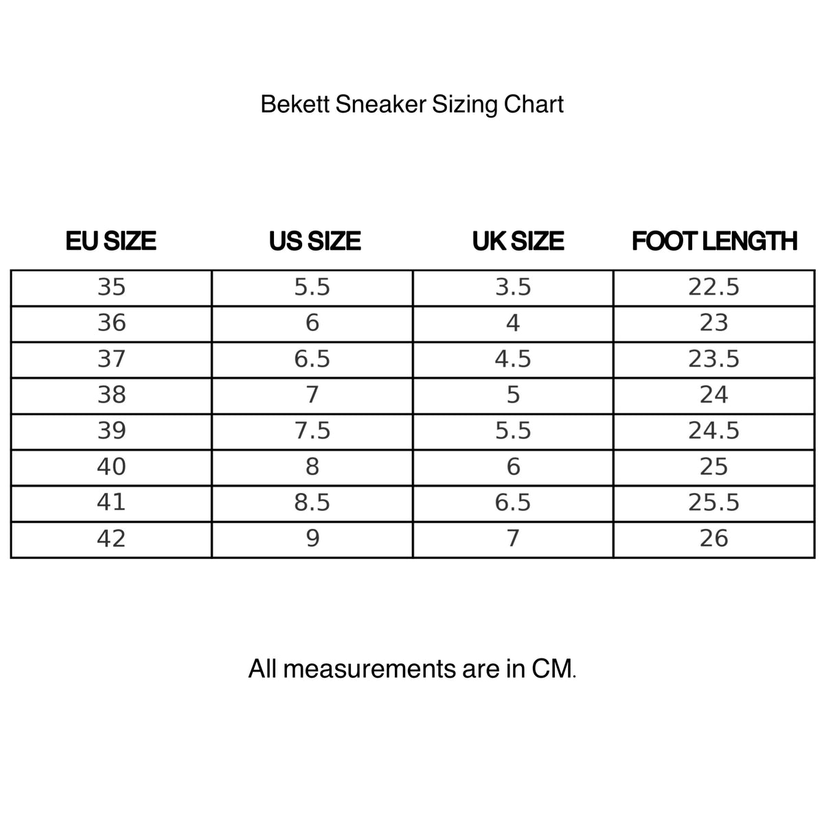 Sizing chart